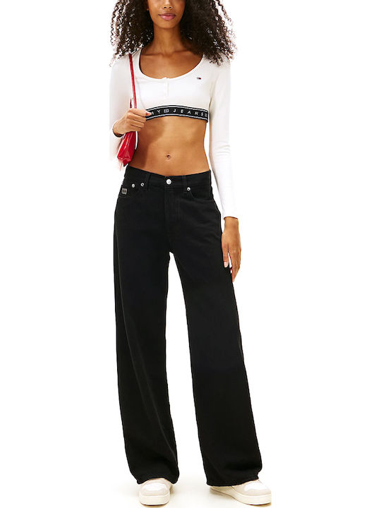 Women's Crop Top Cotton Long Sleeve Ecru-black