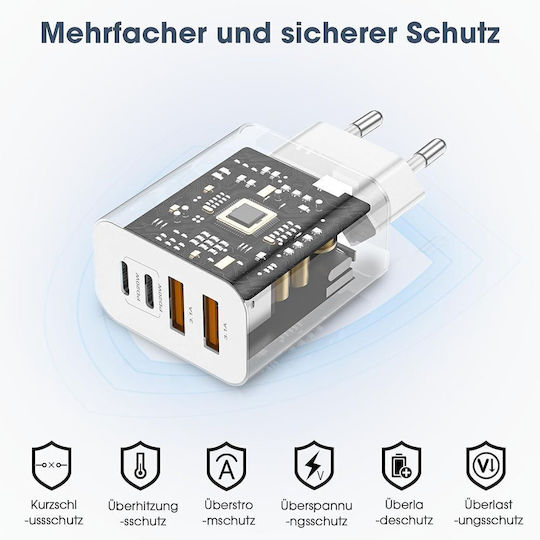 Techsuit Charger Without Cable with 2 USB-A Ports and 2 USB-C Ports 40W Power Delivery Whites (CH4)