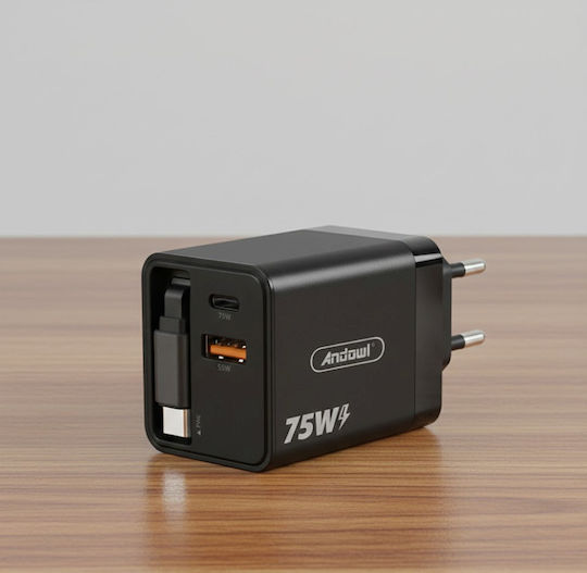 Andowl Charger with Built-in Cable with USB-A Port and USB-C Port USB-C 75W Power Delivery Blacks (Q-CD09)