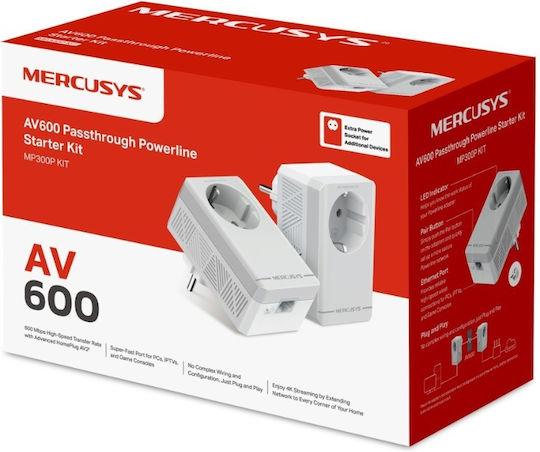 Mercusys MP300P Powerline Kit dublu pentru Conexiune prin Cablu cu Prin trecere Prize și Port Ethernet