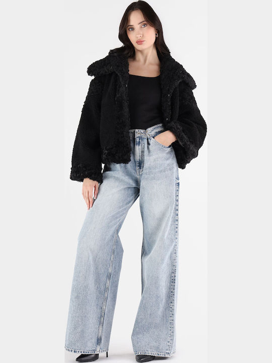 Women's Black Coat Oversized with Fur Details