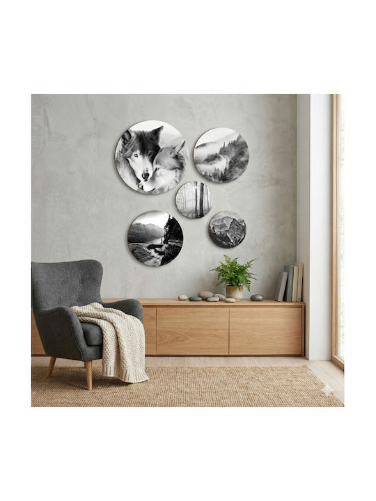 Tablouri Decorative Negru Alb Pădure Lupi Rotund Dormitor Living