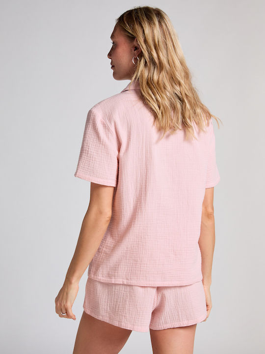 Hunkemöller Summer Women's Cotton Blouse Pyjamas Pink Muslin