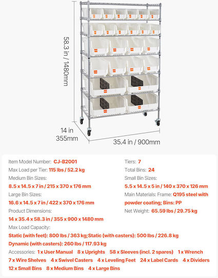 Vevor Storage Shelf 7 Levels 24 Containers Steel Shelf System Wheels Kydwlj1436568uzva001v0