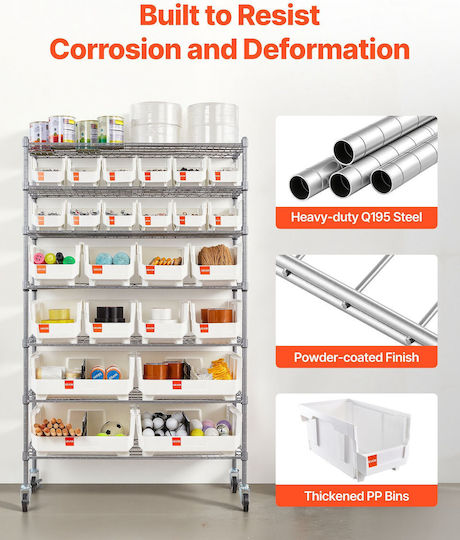 Vevor Storage Shelf 7 Levels 24 Containers Steel Shelf System Wheels Kydwlj1436568uzva001v0
