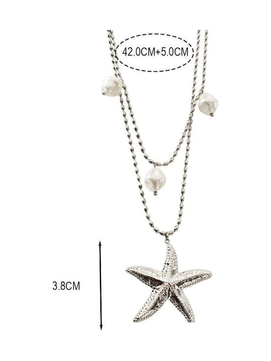 Awear Necklace Double with design Star from Steel with Pearls