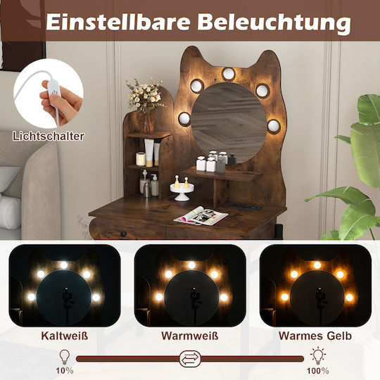 Costway Cat Shaped Vanity Mirror Lighting Drawers Brown 150 X 80 X 50 Cm Hu11190de-cf