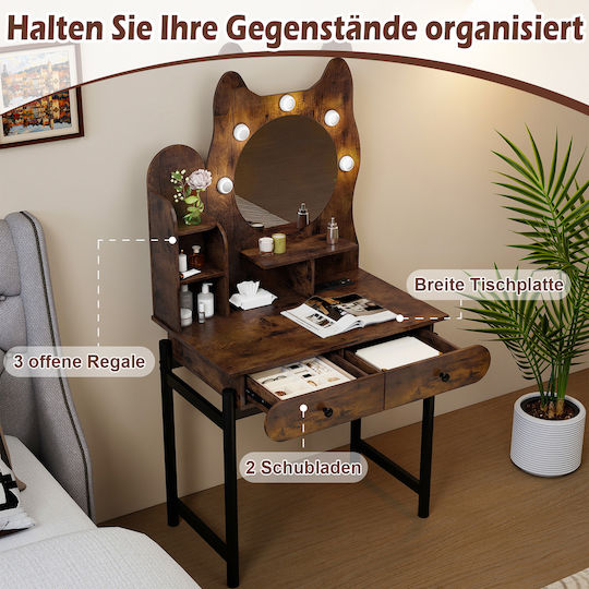 Costway Cat Shaped Vanity Mirror Lighting Drawers Brown 150 X 80 X 50 Cm Hu11190de-cf
