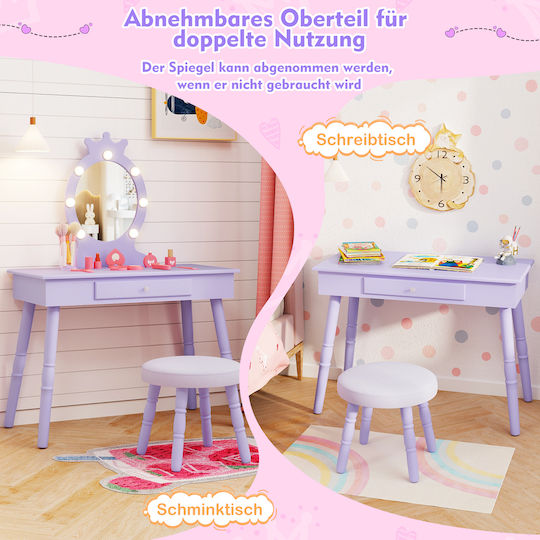 Costway 2 in 1 Princess Boudoir Detachable Mirror & Drawer Kids Makeup Table Purple Hy10339de-zs