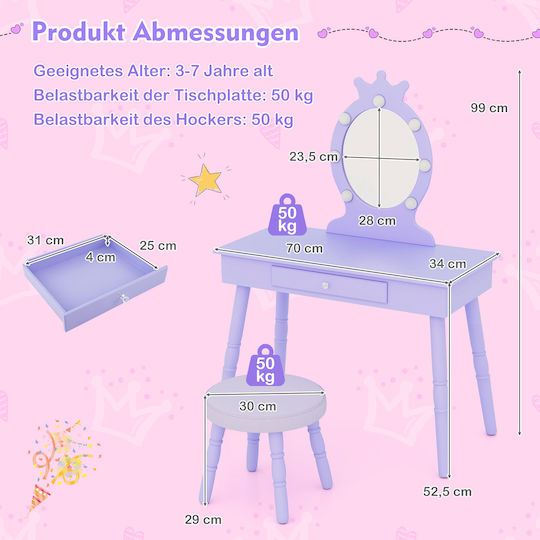 Costway 2 in 1 Princess Boudoir Detachable Mirror & Drawer Kids Makeup Table Purple Hy10339de-zs