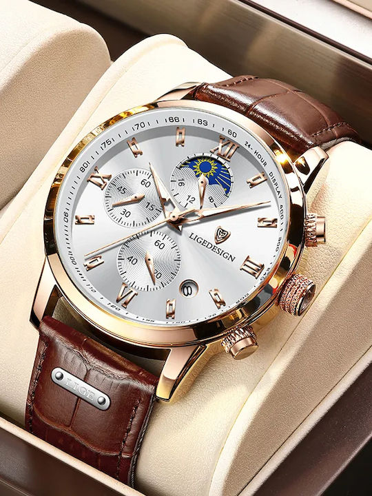 Lige Herrenuhr 42mm Batterie mit Braun Lederarmband