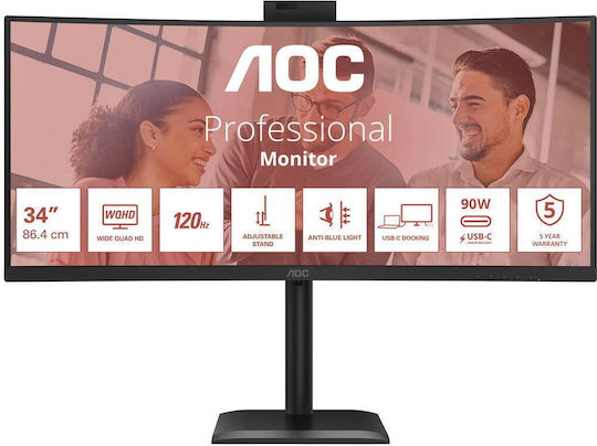 AOC CU34E4CW Ultrawide VA HDR Curved Monitor 34" QHD 3440x1440 with Response Time 4ms GTG