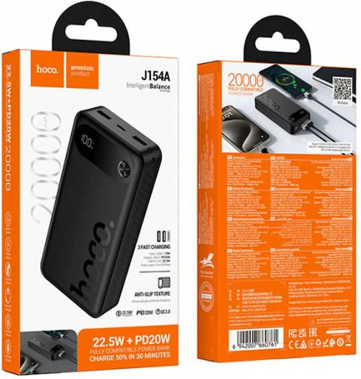 Hoco J154A Victorious Power Bank 20000mAh 22.5W with 2 USB-A Output Ports and USB-C Port Black
