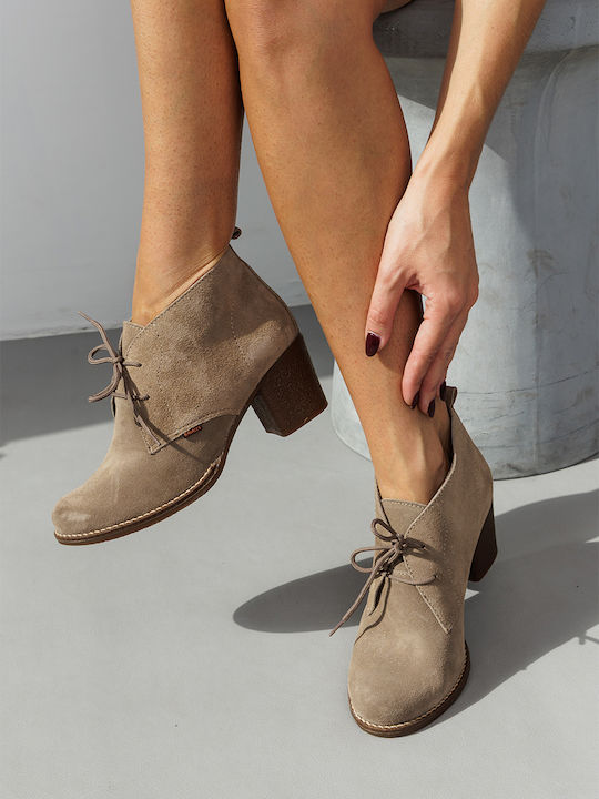 Suede Women's Ankle Boots with Medium Heel Beige