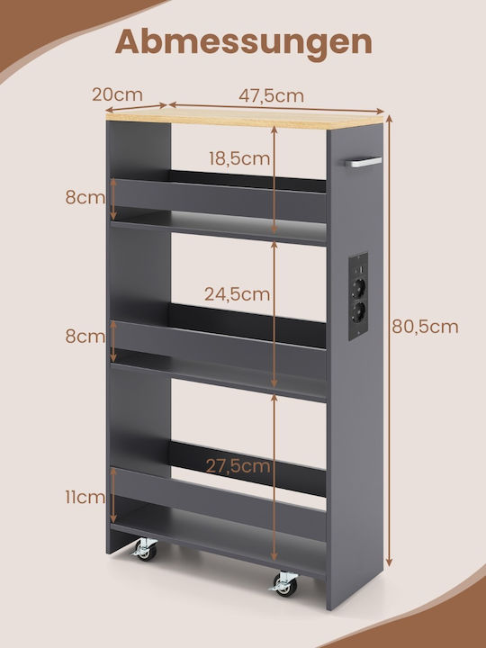Costway Τρόλεϊ Κουζίνας Ξύλινο 3 Θέσεων Γκρι 47.5x20x80.5cm