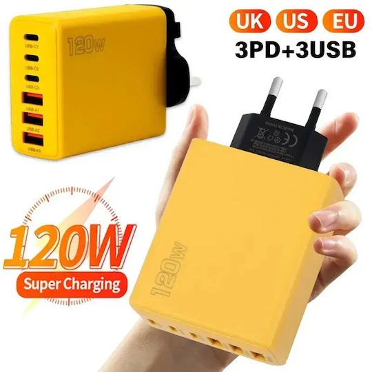 Încărcător Wireless (Qi Pad) cu 3 Porturi USB-A și 3 Porturi USB-C 120W Livrarea energiei / Quick Charge 3.0 Galbenς