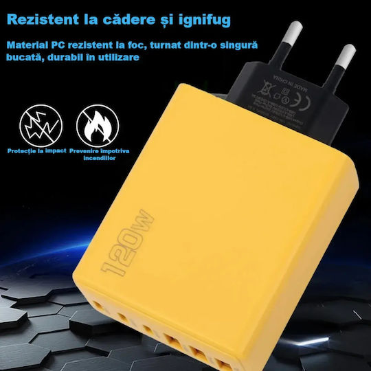 Încărcător Wireless (Qi Pad) cu 3 Porturi USB-A și 3 Porturi USB-C 120W Livrarea energiei / Quick Charge 3.0 Galbenς