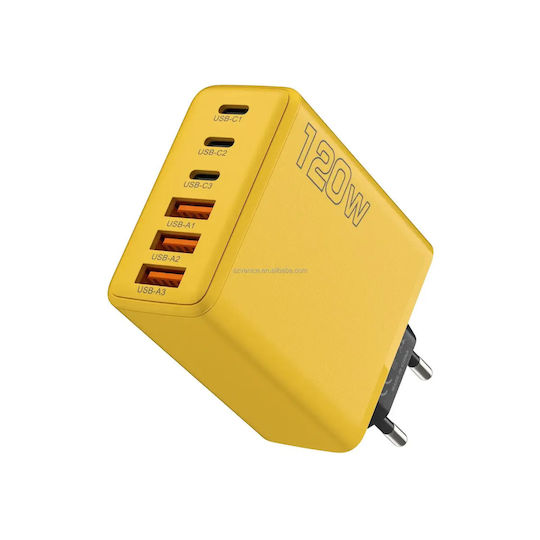 Încărcător Wireless (Qi Pad) cu 3 Porturi USB-A și 3 Porturi USB-C 120W Livrarea energiei / Quick Charge 3.0 Galbenς