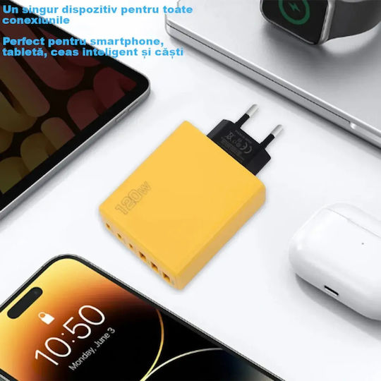 Încărcător Wireless (Qi Pad) cu 3 Porturi USB-A și 3 Porturi USB-C 120W Livrarea energiei / Quick Charge 3.0 Galbenς