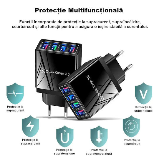 Încărcător Fără Cablu cu 4 Porturi USB-A 20W Livrarea energiei / Quick Charge 3.0 Negruς