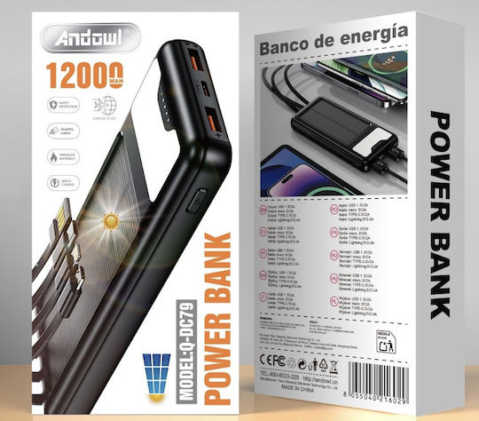 Andowl Q-DC79 Ηλιακό Power Bank 12000mAh με 2 Θύρες USB-A Μαύρο