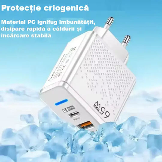 Încărcător Fără Cablu GaN cu Port USB-A și Port USB-C 65W Livrarea energiei / Quick Charge 3.0 Albς