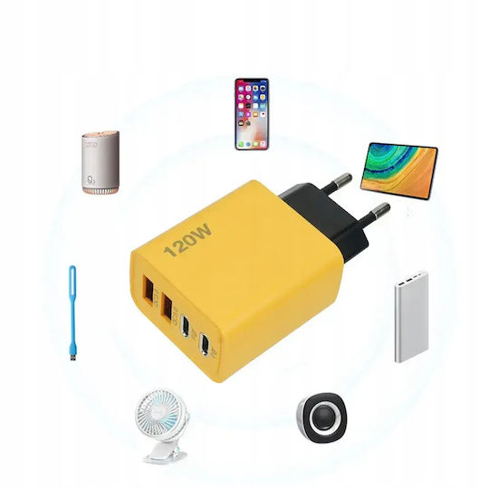 Încărcător Fără Cablu cu 2 Porturi USB-A și 2 Porturi USB-C 120W Livrarea energiei / Quick Charge 3.0 Galbenς