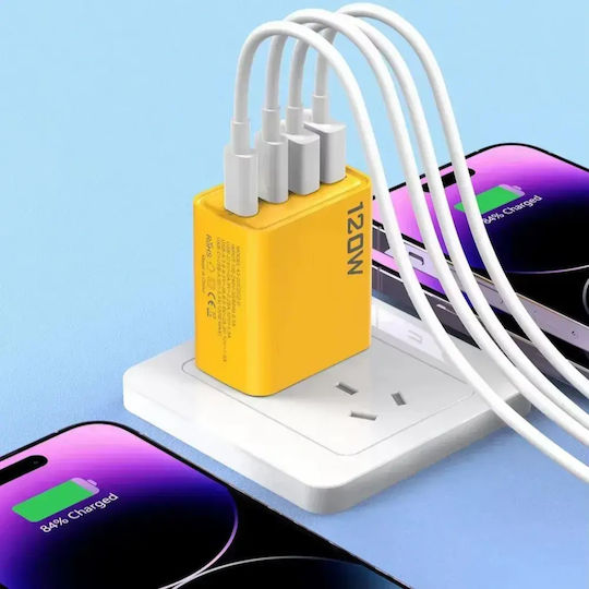 Încărcător Fără Cablu cu 2 Porturi USB-A și 2 Porturi USB-C 120W Livrarea energiei / Quick Charge 3.0 Galbenς