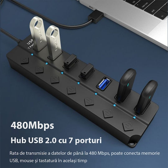 Hub USB 7 Porturi Huba2401 7 X USB 2.0 Alimentare Indicator LED Comutator Independent Negru