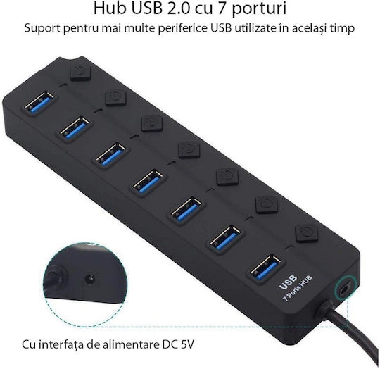 Hub USB 7 Porturi Huba2401 7 X USB 2.0 Alimentare Indicator LED Comutator Independent Negru
