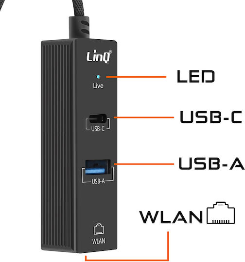 Linq 3-in-1 USB-C Hub USB 2.0 USB-C Stromversorgung Ethernet Rj45 Schwarz