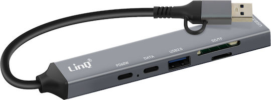 Linq USB Хъб Поддържа OTG USB-C Power Delivery 60W Четец За SD TF Карти Сив