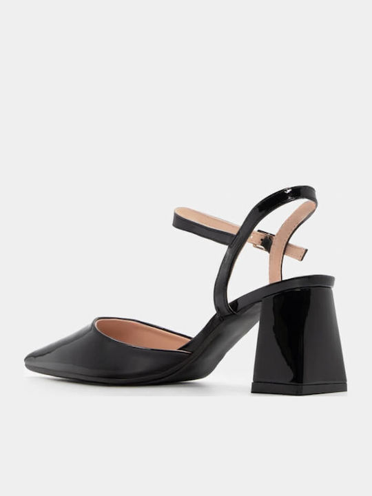 Synthetic Leather Pointed Toe Black Medium Heels with Strap