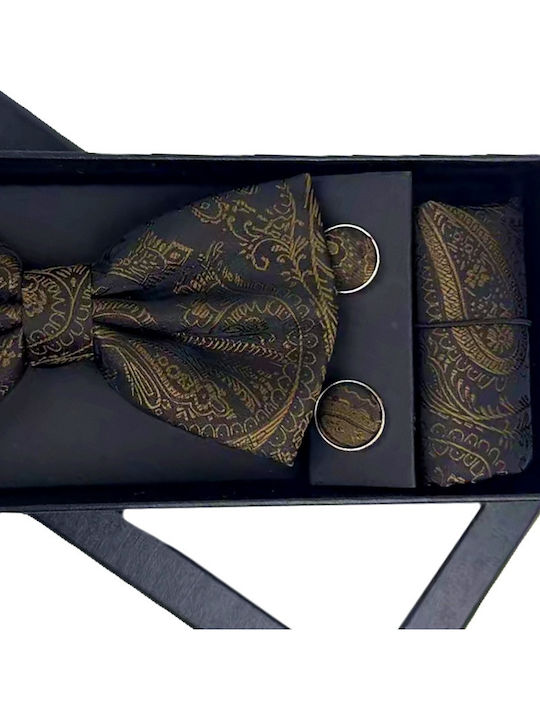 Elegant 3-piece Set Men Bow Tie Cufflinks Fabric Pocket Square Dark Green-gold