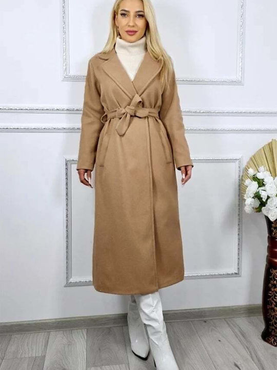Wolle Damen Beige Mantel mit Fellbesatz