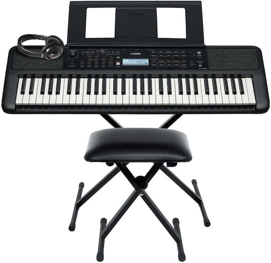 Yamaha Keyboard PSR-E383 with 61 Keys with Stand, Headphones and Stool Black Home Βundle II