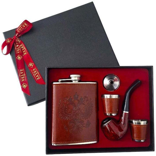 Men's Gift Set Vlv 5 Pieces Flask Pipe 2 Glasses Funnel Brown