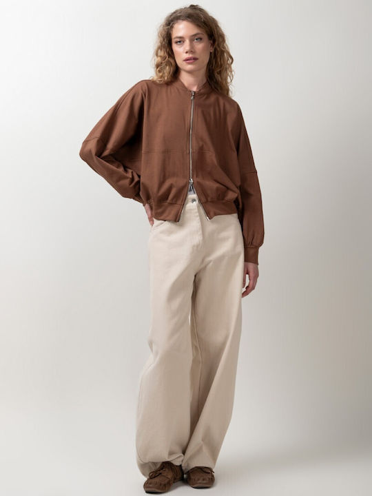 Women's Cardigan with Zipper Brown