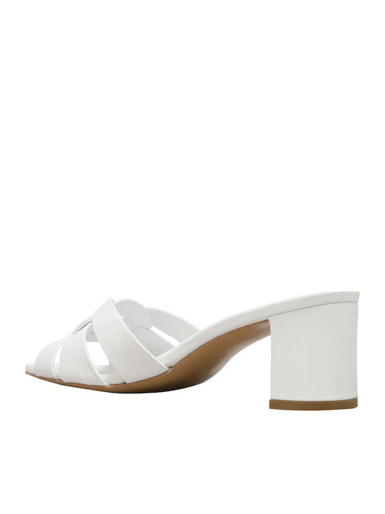 Leather Mules with Chunky High Heel in Ecru Color