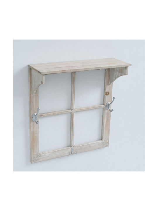 MSA Set Wooden Wall Hangers Window Shelf 12 Hooks Castle 50x20x55cm Beige White