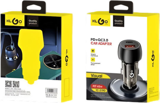 KLGO Φορτιστής Αυτοκινήτου 45W Γρήγορης Φόρτισης με Θύρες: 1xUSB-A 1xType-C μαζί με Καλώδιο Ενσωματωμένο Μαύρο Χρώμα