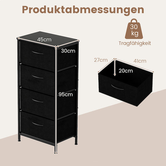 Wooden Chest of Drawers with 4 Drawers Black Velvet-Black Metal with Fabric Coating 45x30x95cm