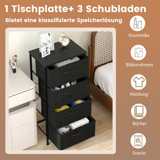Wooden Chest of Drawers with 4 Drawers Black Velvet-Black Metal with Fabric Coating 45x30x95cm