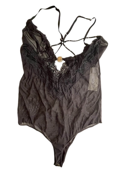 Freemove Sexy Schwarzes Bodysuit-String Tüll Spitze 18501
