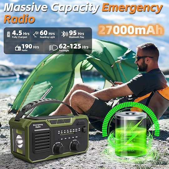 Crank Portable Radio Rechargeable with Bluetooth and USB Green