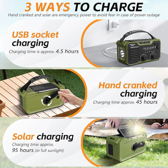 Crank Portable Radio Rechargeable with Bluetooth and USB Green