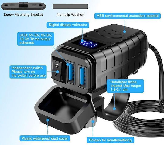 Raistar Waterproof Motorcycle Charger with Ports: 2xUSB