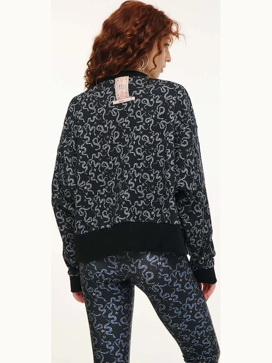 Snakes Cropped Γυναικείο Φούτερ με Κουκούλα Navy Μπλε