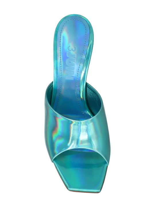 Leather Mules with High Heel in Turquoise Color