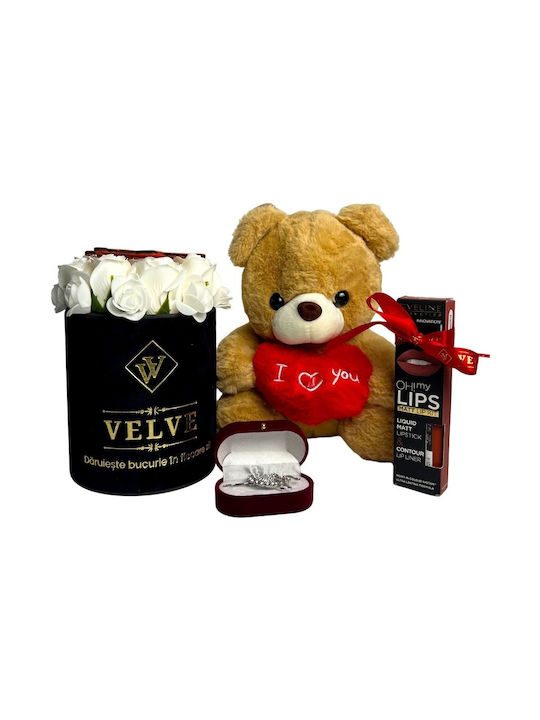 Pachet Special De Valentine 25 Cm Aranjament Ursuleț De Pluș 9 Trandafiri Săpun Brosă Set Cosmetice În Cutie Cadou
